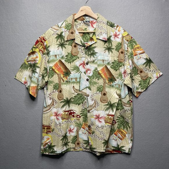 Vintage Reebesse Hawaiian Shirt Large Tropical Print  Made In USA Beige/Green - Picture 1 of 5